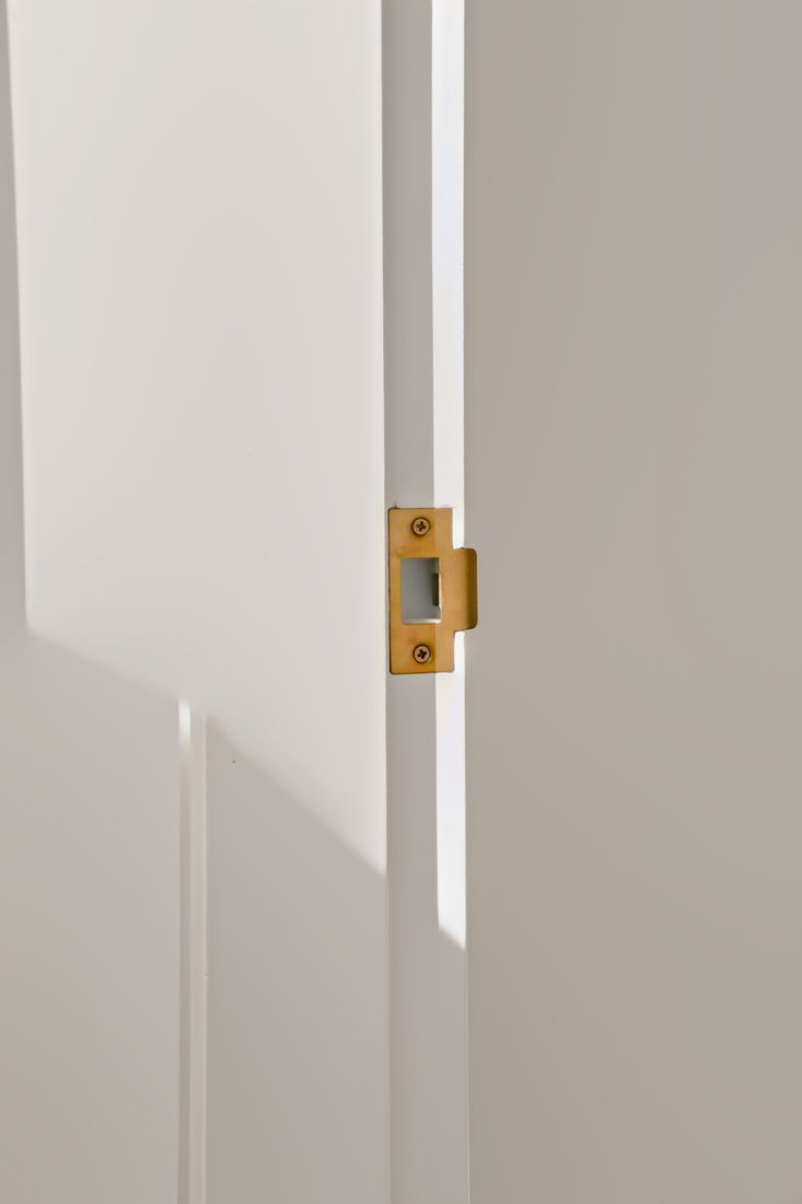 A brass strike plate recessed into the edge of a white painted door frame
