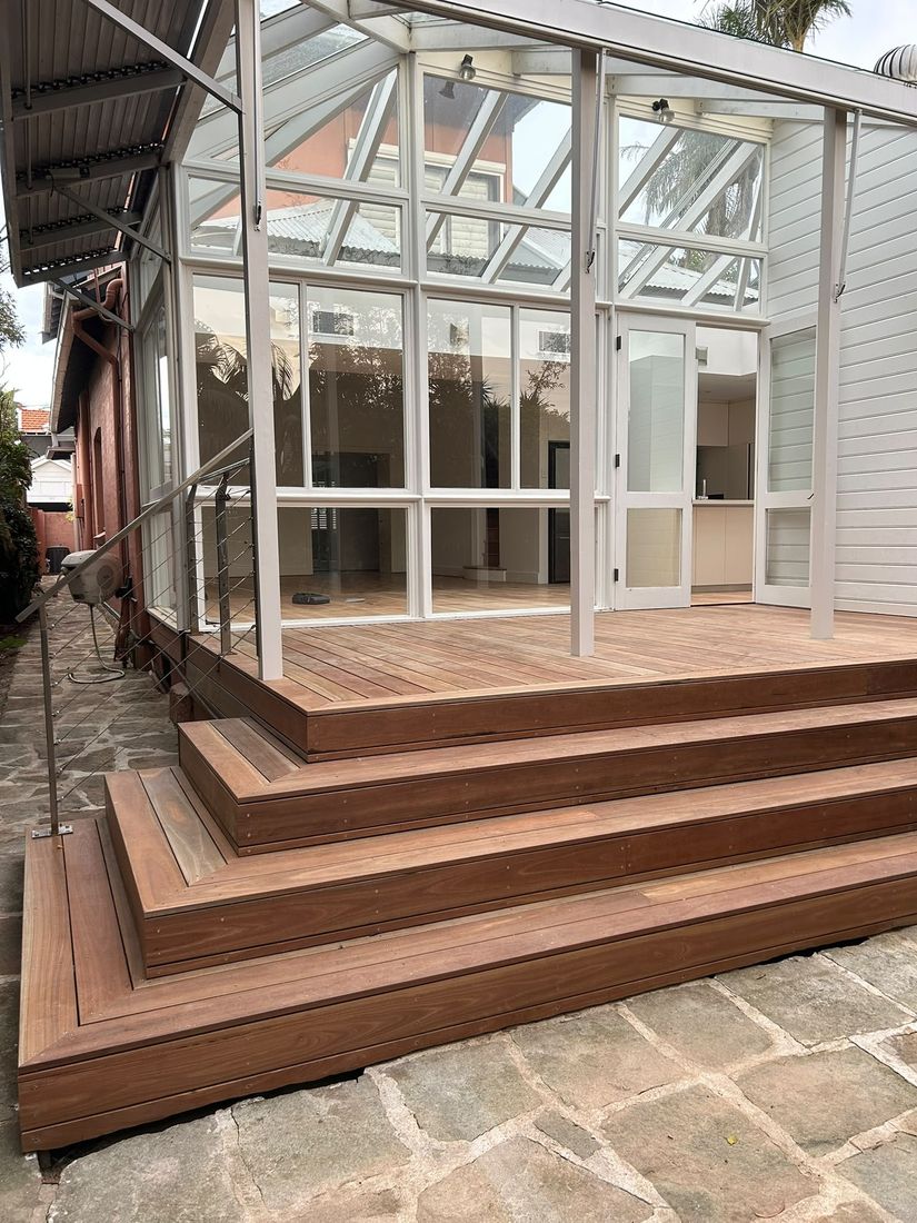 The finished spotted gum deck and three wraparound steps